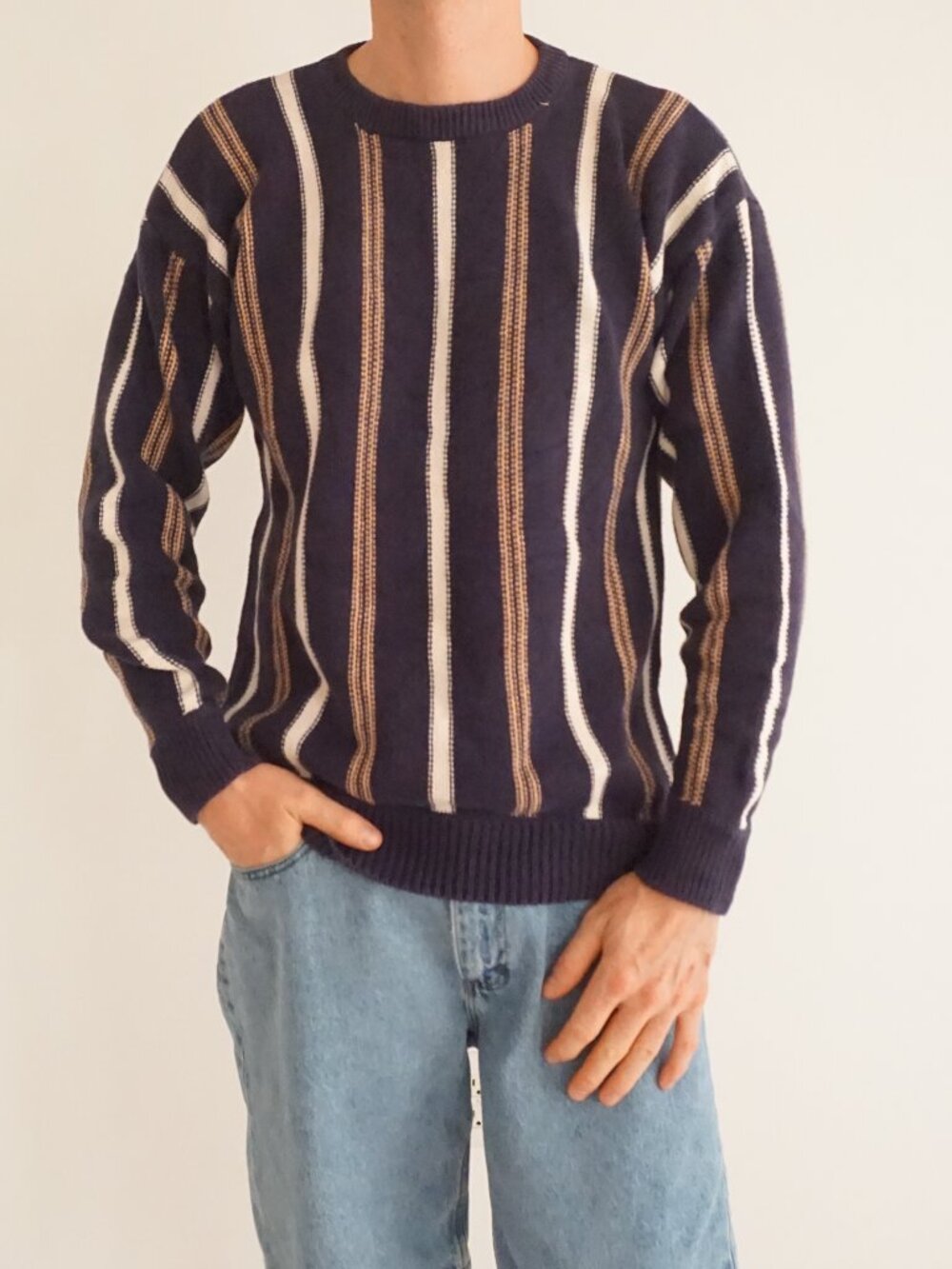 Vintage Unbranded Navy Cream Tan Vertical Striped Preppy Designer Knit Sweater M